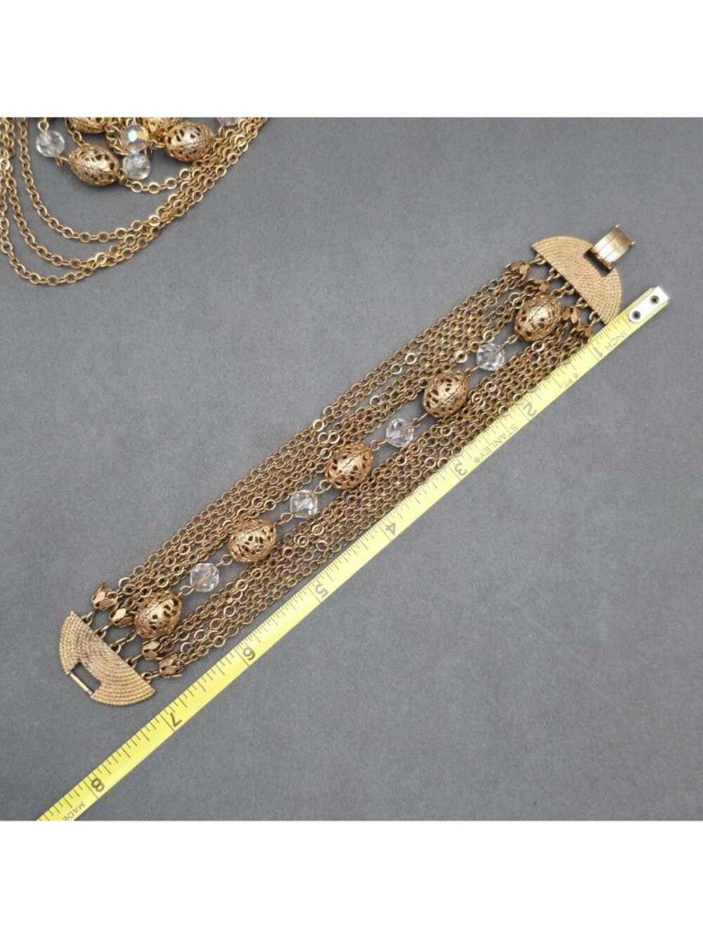 Vintage Gold Tone AB Crystal Multichain Necklace Bracelet Set Demi Parure - Picture 14 of 16